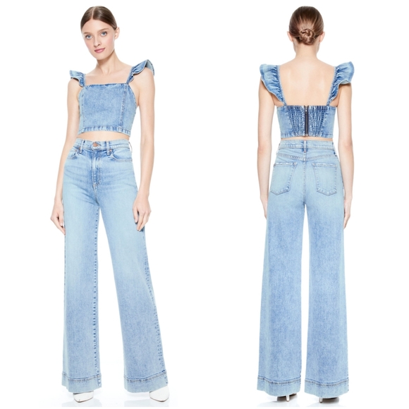 Alice + Olivia Kiley Flutter Shoulder Denim Crop To In Color: Not Yours, Size 10 - Picture 3 of 4